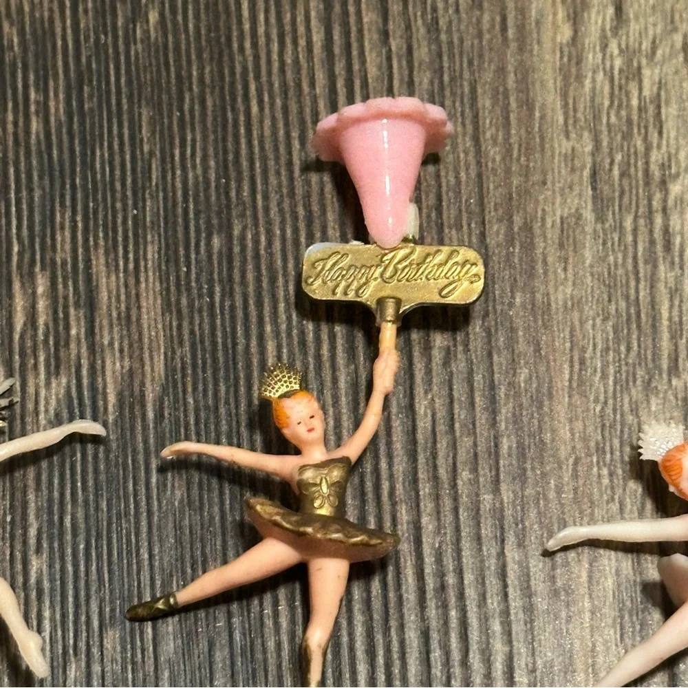 Vintage ballerina dancer candle holder birthday cake topper cupcake picks VTG